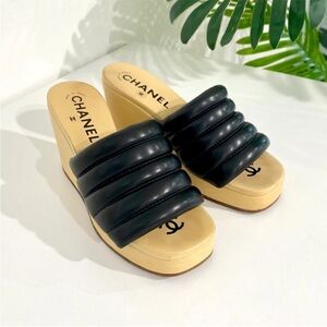 Chanel Black Leather Women's Wedge Sandals